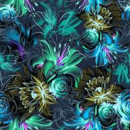 Seamless pattern Tropical exotic flowers drawn in pencil and watercolo N16