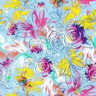 Seamless pattern Tropical exotic flowers drawn in pencil and watercolo N18