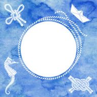 Nautical card with frame marine knots ropes seahorse and boat