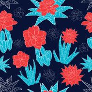 Vector Night Desert Cacti Flowers Seamless Pattern