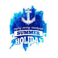 Label of summer holidays on an abstract watercolor blue background N2