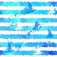Light blue watercolor stripes and splashes seamless pattern with boats