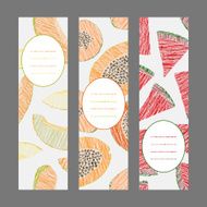 Vertical Fruit Banners Illustration Scratched Papaya melon and watermelon invitations