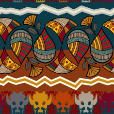 Seamless pattern with a buffalo head and lotus flower