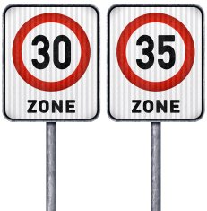 Two rectangular speed limit zone 30 and 35 road signs