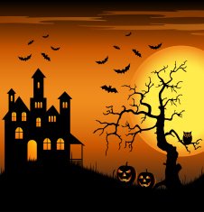 Halloween haunted castle with bats and tree background N2