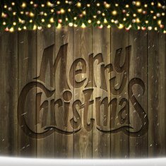 Merry Christmas lettering on Wooden background with bright garland snow