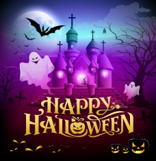Happy halloween gold lettering castle with ghosts N2