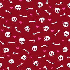 Cartoon Skulls with Hearts on Red Background Seamless Pattern N2