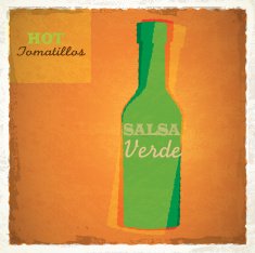 Retro bottle of Salsa Verde with green chilis