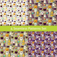 Four Vector Flat Seamless Halloween Party Backgrounds Set