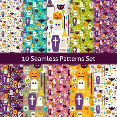 Ten Vector Flat Seamless Halloween Party Patterns Set