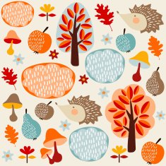 Autumn fall seamless pattern with fruit hedgehogs trees