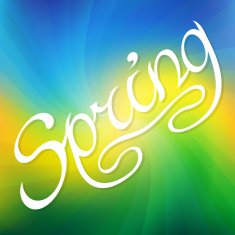 Hand drawn word SPRING lettering on colorful warped stripes b