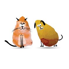 Funny cat and dog Watercolor sketch for your design N3