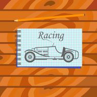 Graphic drawing of racing car in a notebook