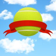 Vector tennis ball with red ribbon over sky background