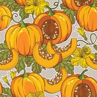 Vector botanical pattern with isolated pumpkins flowers and leaves N7