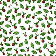 Seamless background with red berries and green leaves vector