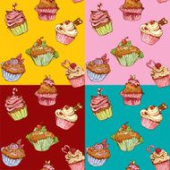 set of seamless patterns with decorated sweet cupcakes