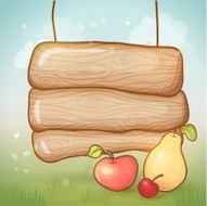 Wood desk with fruits on summer background