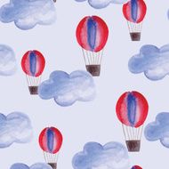 Vector Seamless Pattern with Watercolor Clouds and Air Balloons N2