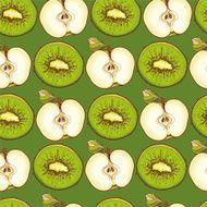 green seamless pattern with apples and kiwis