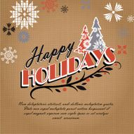 Burlap kitschy vintage Happy Holidays greeting design with trees