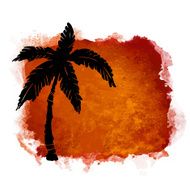 Watercolor coffee paint stain and coconut palm tree backlit N2