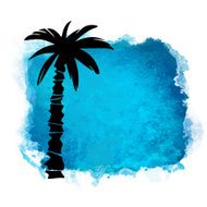 Watercolor blue paint stain and coconut palm tree backlit N2