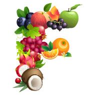 Letter F composed of different fruits with leaves