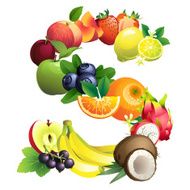 Letter S composed of different fruits with leaves