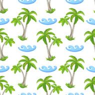 Watercolor seamless pattern with coconut palm trees and waves