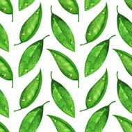 Watercolor seamless pattern green leaves with water drops