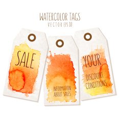 Set of hand drawn tags with watercolor background