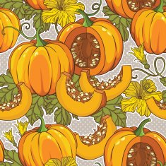 Vector botanical pattern with isolated pumpkins flowers and leaves N7