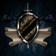 Ancient shield with swords and scroll on dark grunge background N2