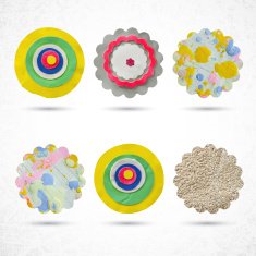 6 circles made with paint brush squeeze bottle scissors