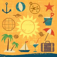 Scratched summer and sea related icons on orange textured background