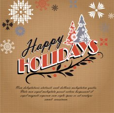 Burlap kitschy vintage Happy Holidays greeting design with trees