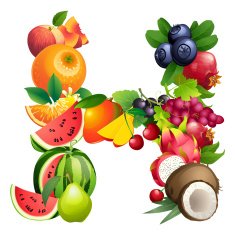 Letter H composed of different fruits with leaves