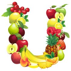 Letter U composed of different fruits with leaves