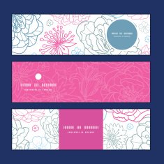 Vector gray and pink lineart florals horizontal banners set pattern
