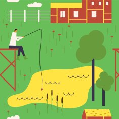 Rural landscape with a fisherman Vector seamless background