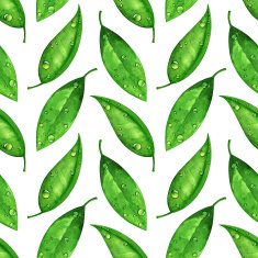 Watercolor seamless pattern green leaves with water drops