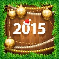 Happy New Year 2015 on Wooden Background with Christmas Baubles