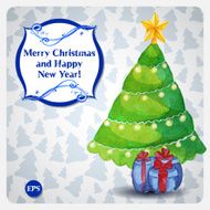 Greeting christmas card with watercolor tree