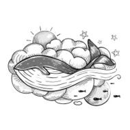 Whale in Clouds Fantastic Black and White Print N2