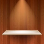 Lit empty book shelf on wooden planks background