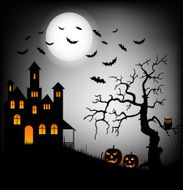 Halloween haunted castle with bats and tree background template